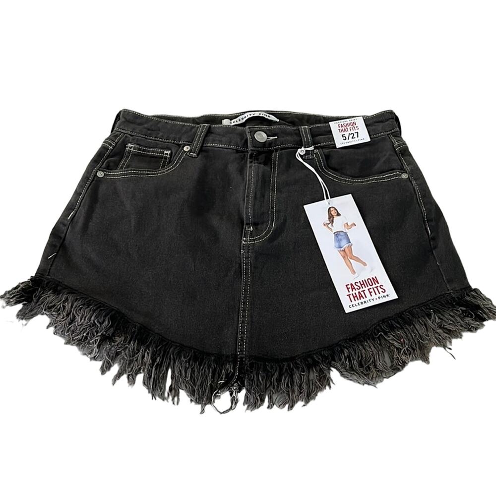 Celebrity Pink Black Denim Fringed Festival Mini Skirt Juniors Size 5 Boho NWT